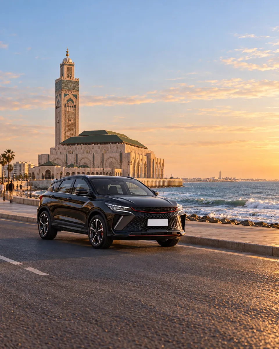 SUV noir garé sur l'esplanade devant la mosquée Hassan II
