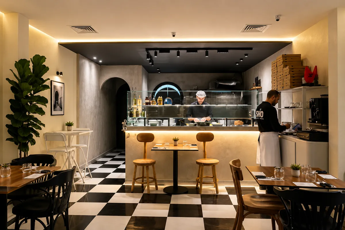 Salle de Solo avec carrelage en damier noir et blanc et comptoir face au pizzaiolo