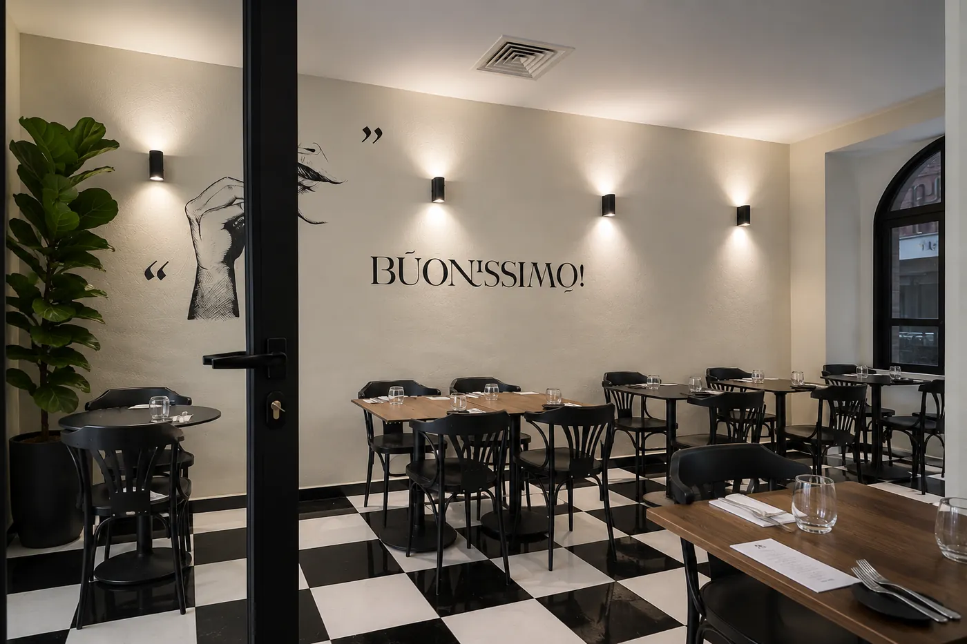 Tables en bois et mur Buonissimo dans la salle de Solo Pizzeria Napoletana
