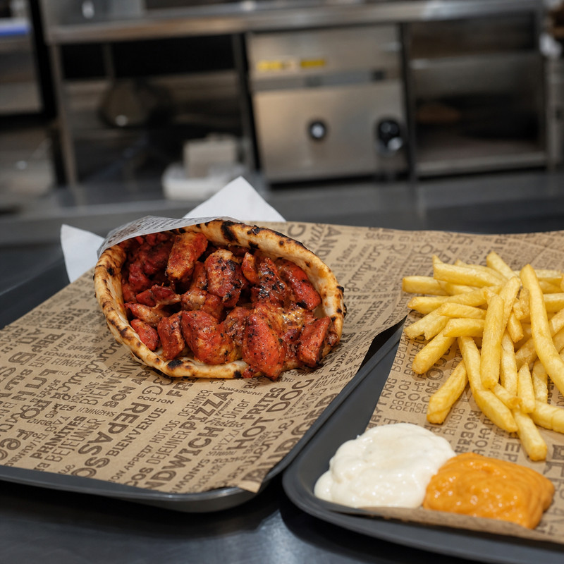 Galette garnie de poulet mariné et frites avec sauces chez McDöner