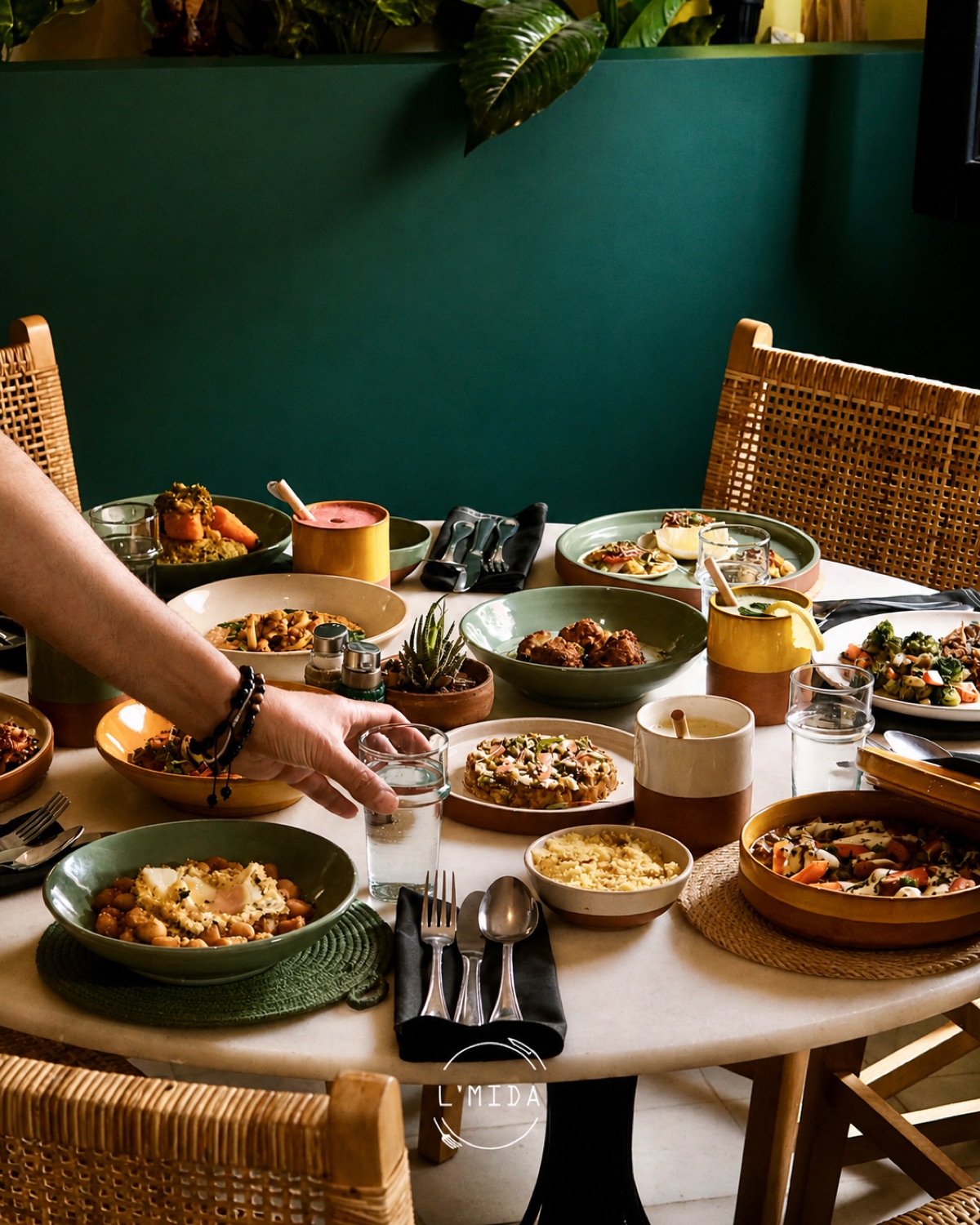 Table ronde de L'Mida couverte de petits plats marocains à partager