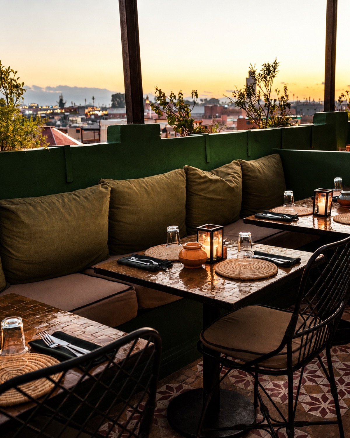 Rooftop de L'Mida au coucher du soleil, banquettes vertes et vue sur les toits