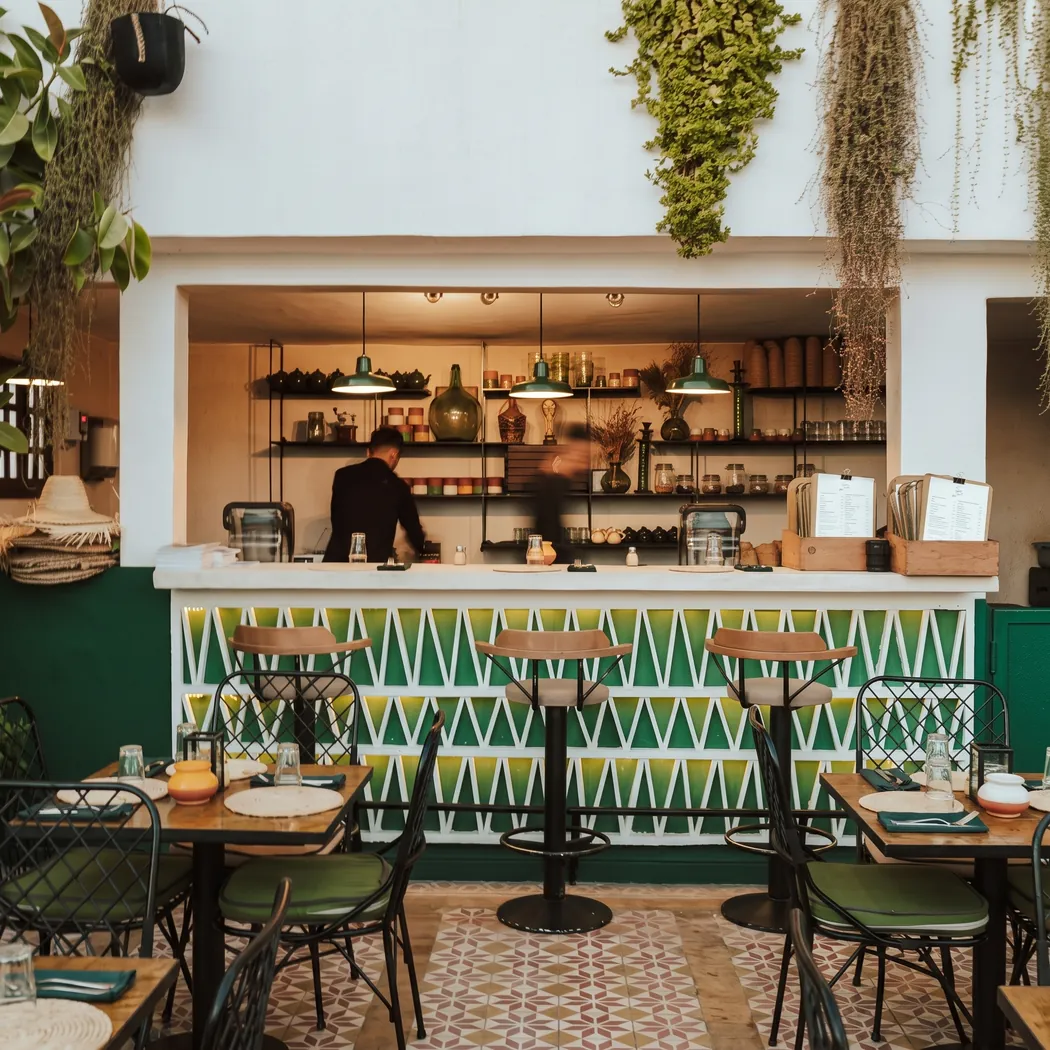 Salle de L'Mida avec comptoir en zellige vert et blanc et plantes suspendues