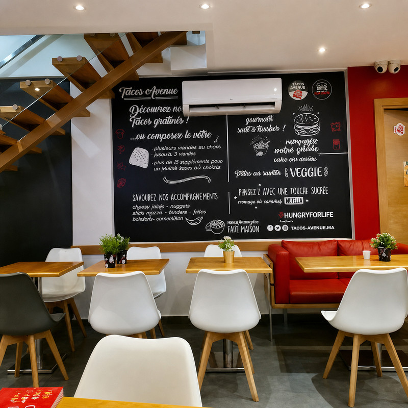 Salle de Tacos Avenue avec tableau noir, chaises blanches et escalier en bois