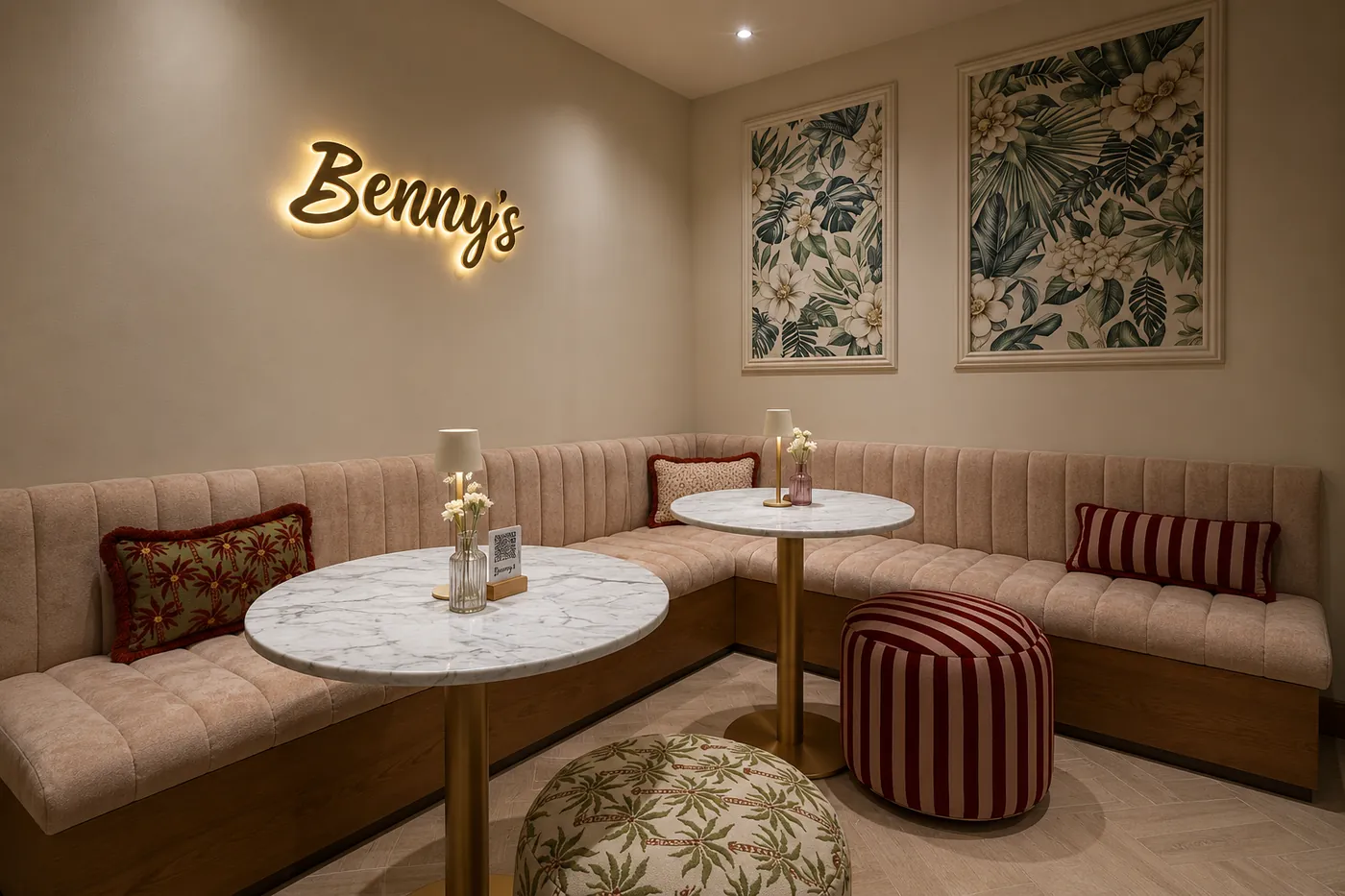 Coin banquette rose poudré, table en marbre et poufs rayés chez Benny's, Tanger