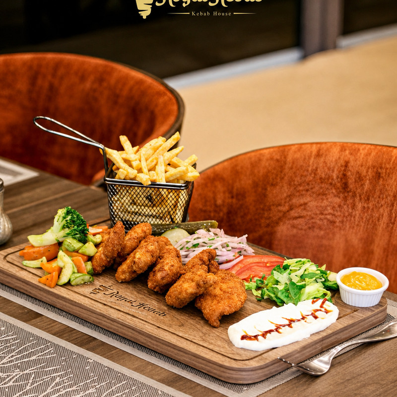 Planche de poulet pané, frites en panier, crudités et sauce chez Royal Kebab Guéliz