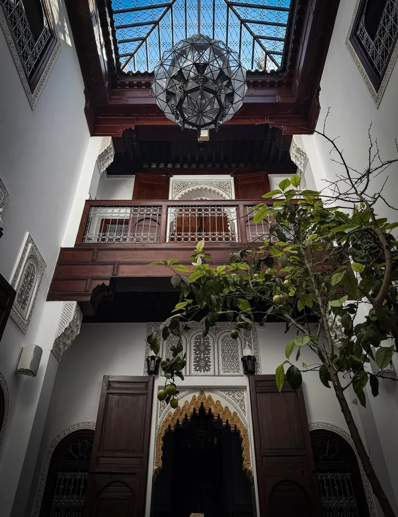 Patio de MaQam vu d'en bas : balcons en bois, verrière et olivier