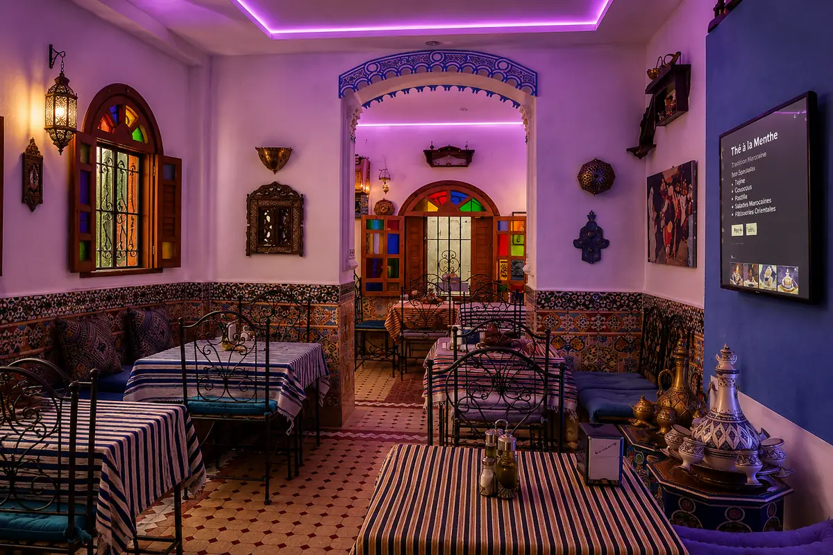 Salle mauve de Dar Harruch avec banquettes rayées, lanternes et arches en zellige