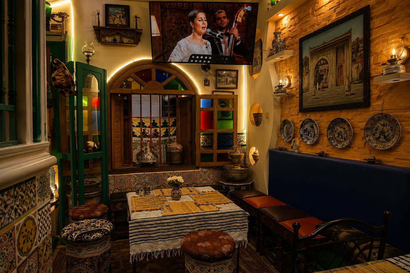 Salle de Dar Harruch à Tanger : table nappée, zelliges, assiettes décoratives et vitrail en arche