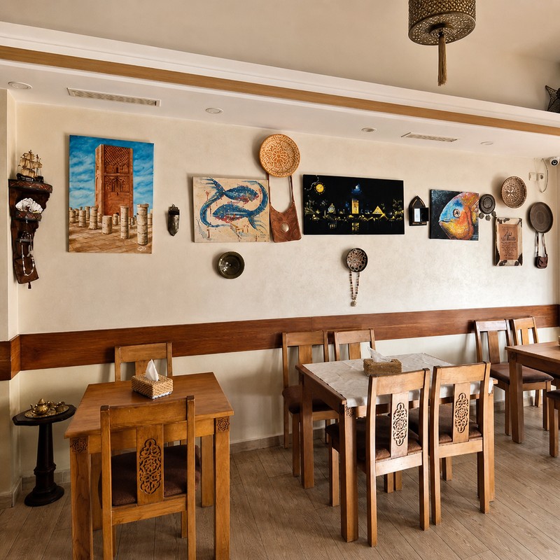 Mur de Dar Al Achab décoré de tableaux de la tour Hassan et d'un poisson, tables en bois