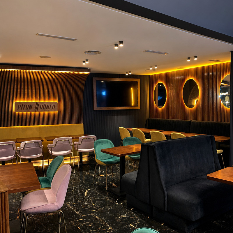 Salle de Pitondoner avec son enseigne lumineuse, banquettes noires et miroirs ronds