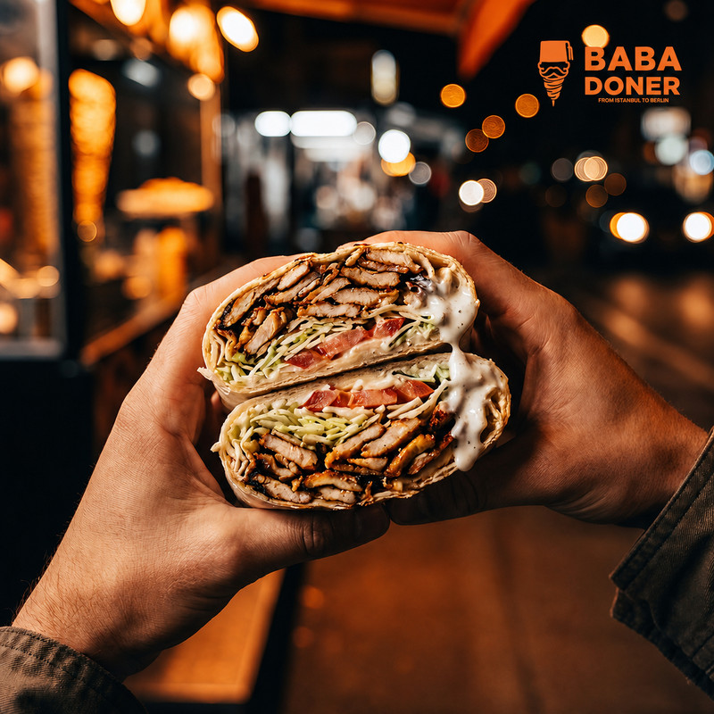 Deux moitiés de döner roulé, garni de viande et crudités, tenues en main chez Baba Doner
