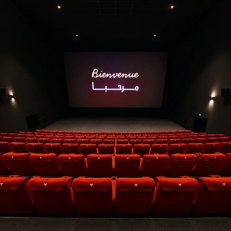 Salle du Pathé Californie aux fauteuils rouges, « Bienvenue » affiché à l'écran