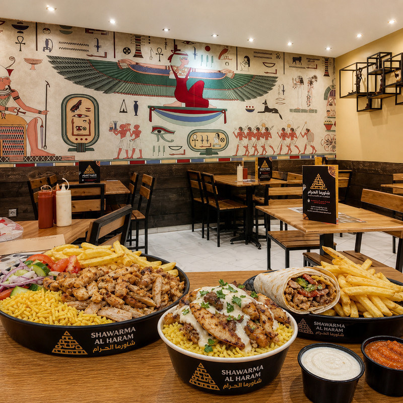Salle de Shawarma Al Haram à Tanger, fresques de style égyptien et bols de shawarma sur la table