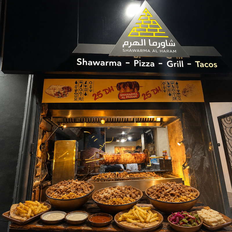 Comptoir de Shawarma Al Haram avec la broche de shawarma et des plats alignés devant