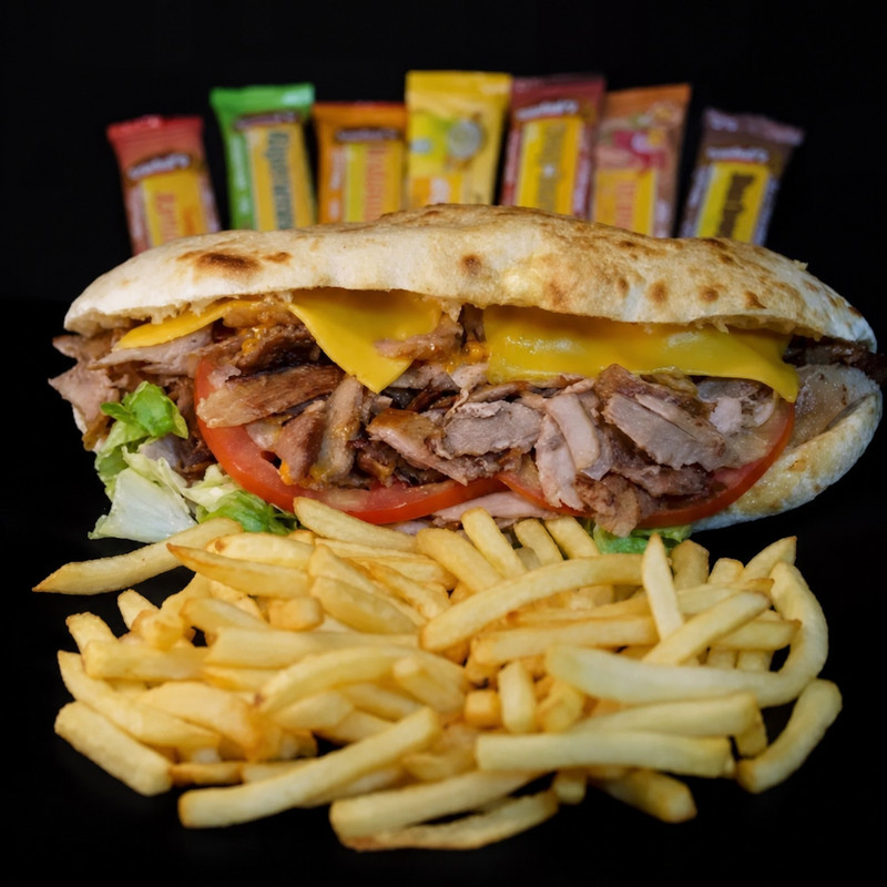 Sandwich kebab au pain maison, tomate et cheddar, avec frites chez Quick Kebab