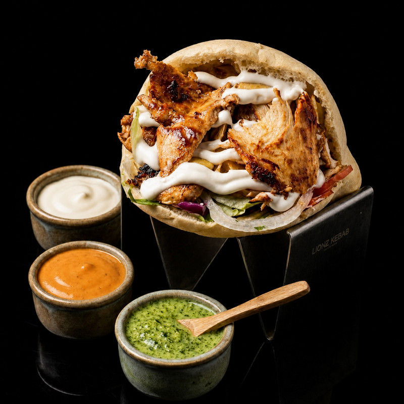 Sandwich de Lionz Kebab garni de poulet grillé et sauce blanche, avec trois sauces