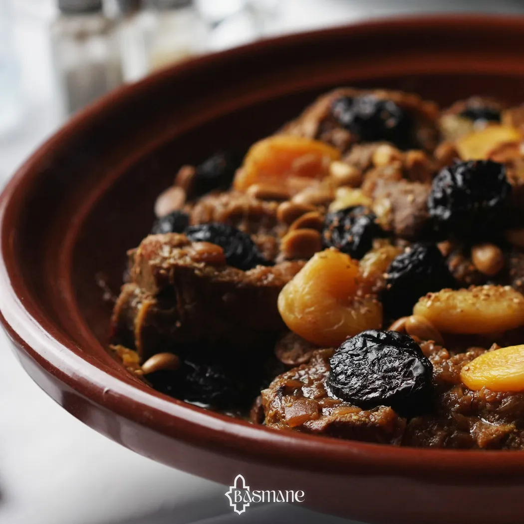 Tajine de viande aux pruneaux, abricots et amandes servi au Basmane
