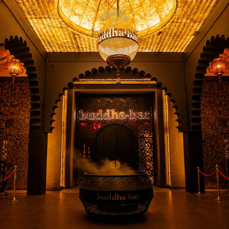Entrée du Buddha-Bar Marrakech : arche sculptée, dôme doré et vasque fumante au nom du lieu