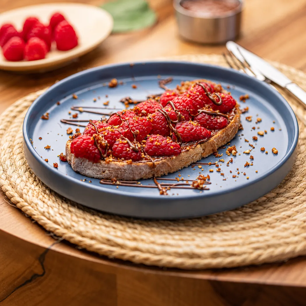 Tartine aux framboises et éclats de chocolat sur assiette bleue, Domus Bistro