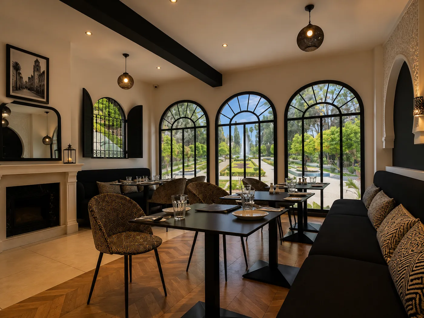 Salle de Basidi à Rabat avec grandes fenêtres en arche sur un jardin, cheminée et banquette noire