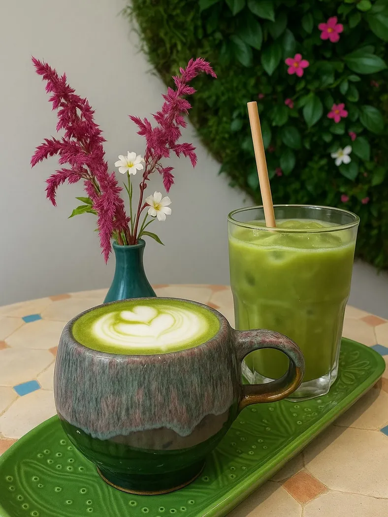 Latte matcha dans une tasse en céramique et boisson verte glacée chez Maeya
