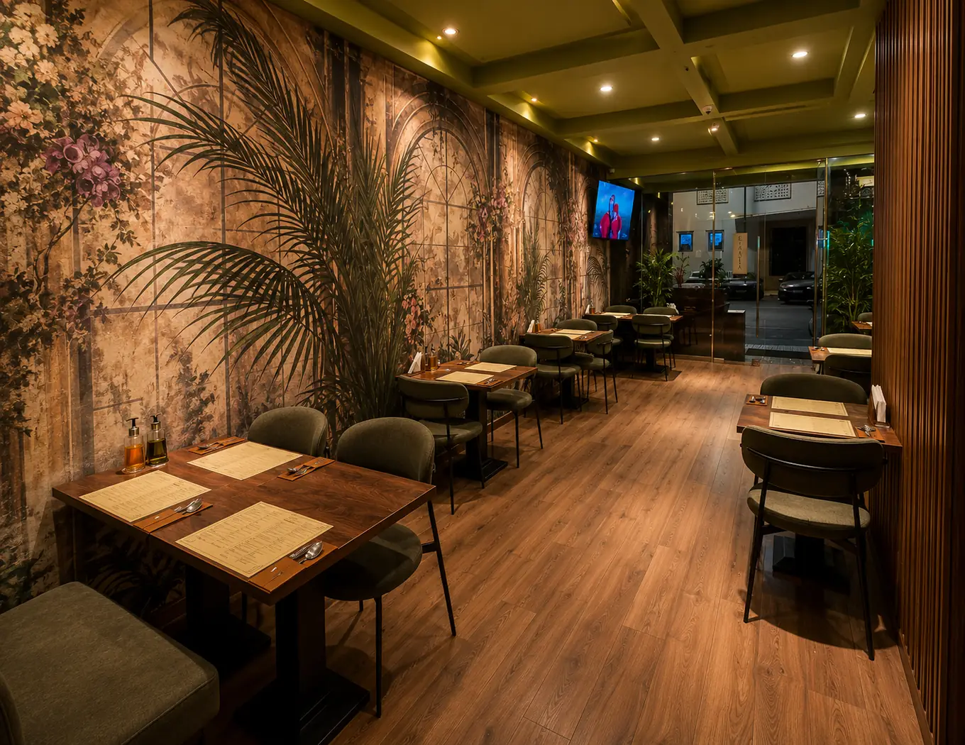 Eatalia à Rabat : salle en longueur, parquet et papier peint à motifs de jardin et d'arches