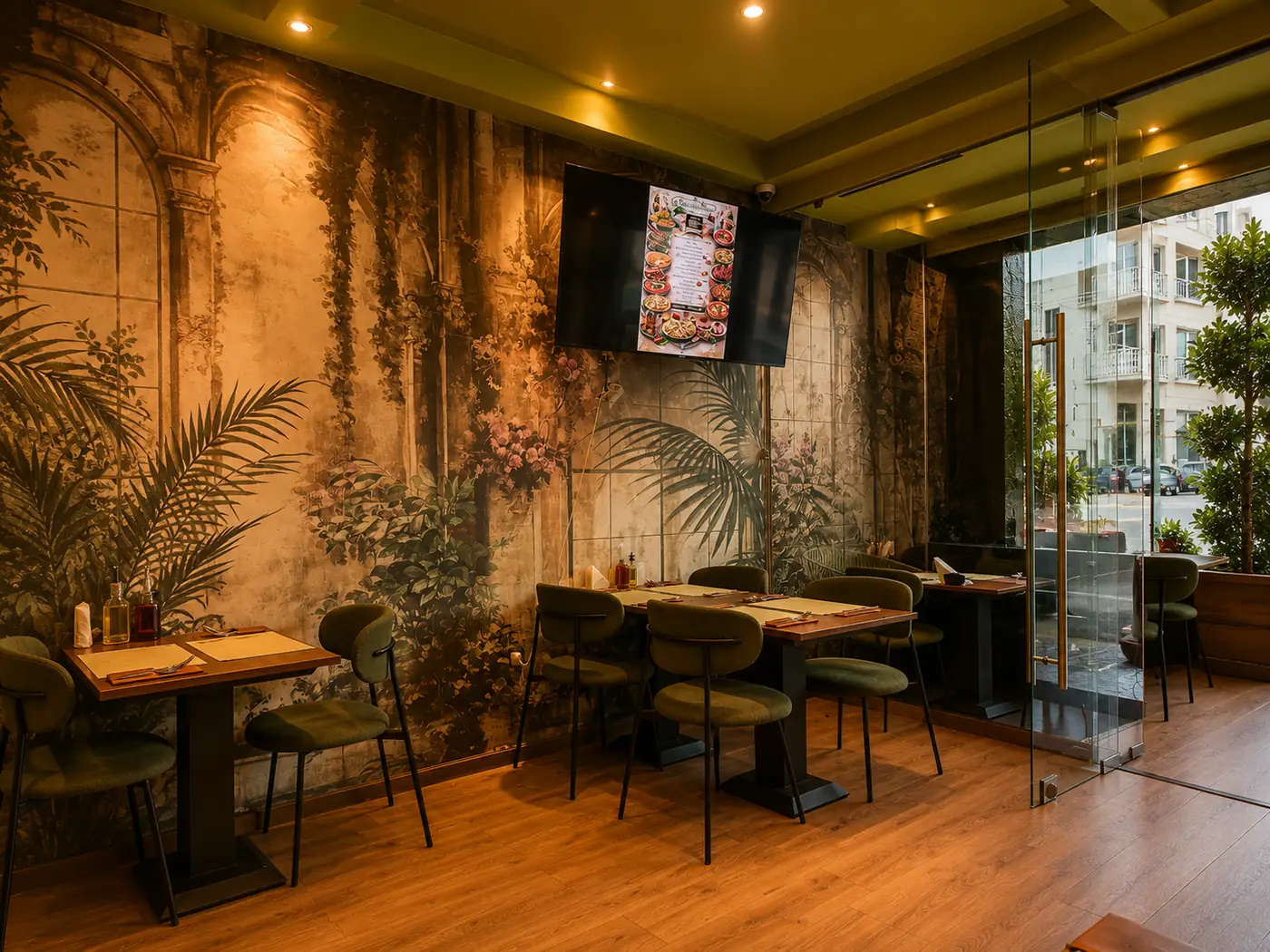 Eatalia à Rabat : coin de salle près de la vitrine, murs peints de feuillages et tables en bois