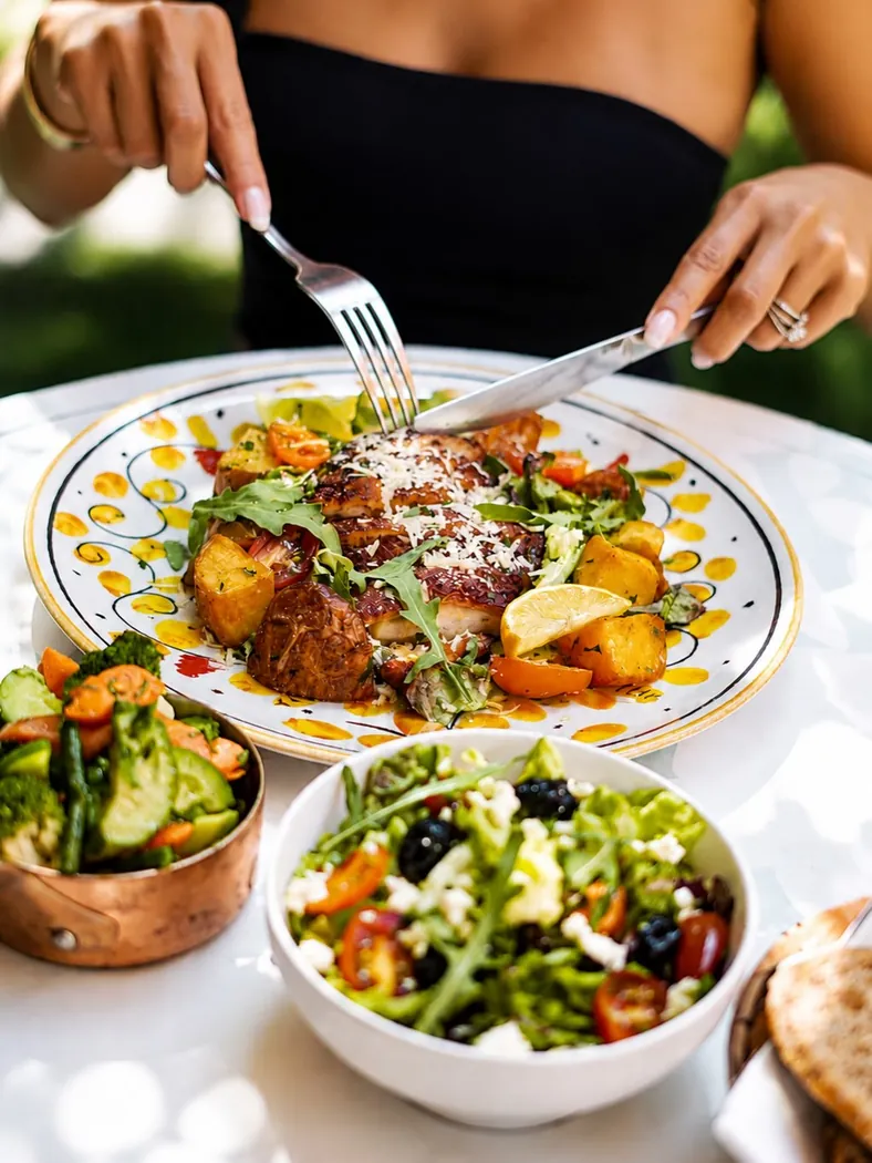 Assiette de viande grillée, salade et légumes servie chez Lily Billy