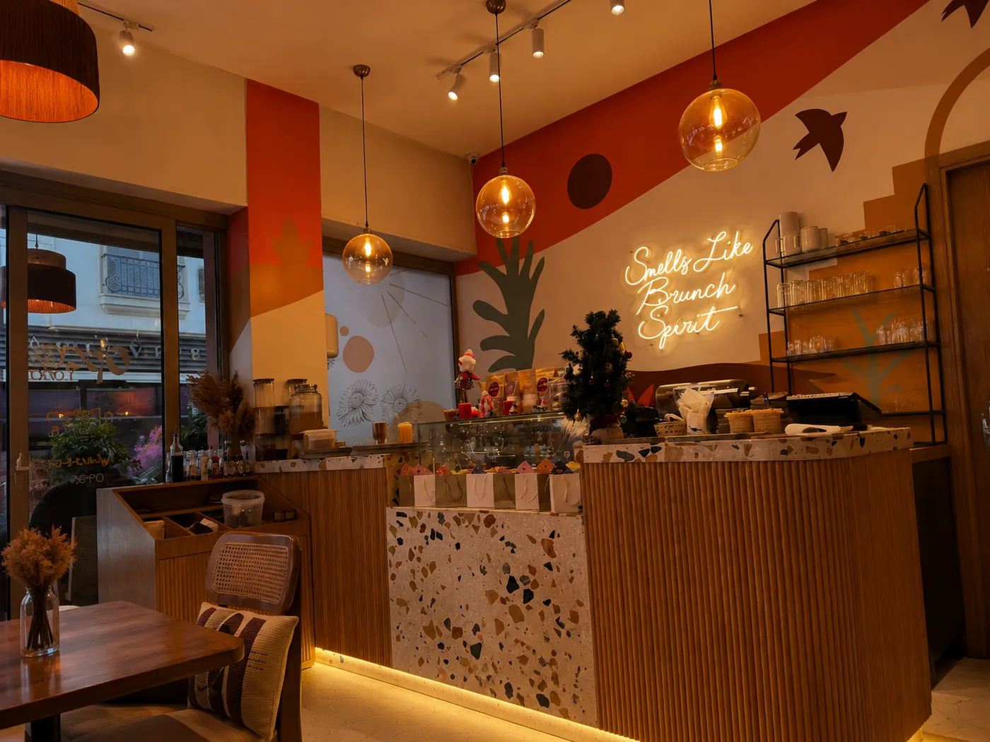 Comptoir en terrazzo et néon « Smells Like Brunch Spirit » chez Holy Brunch