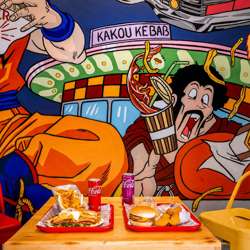 Fresque façon manga au mur de Kakou Kebab, burger et sandwich servis sur la table