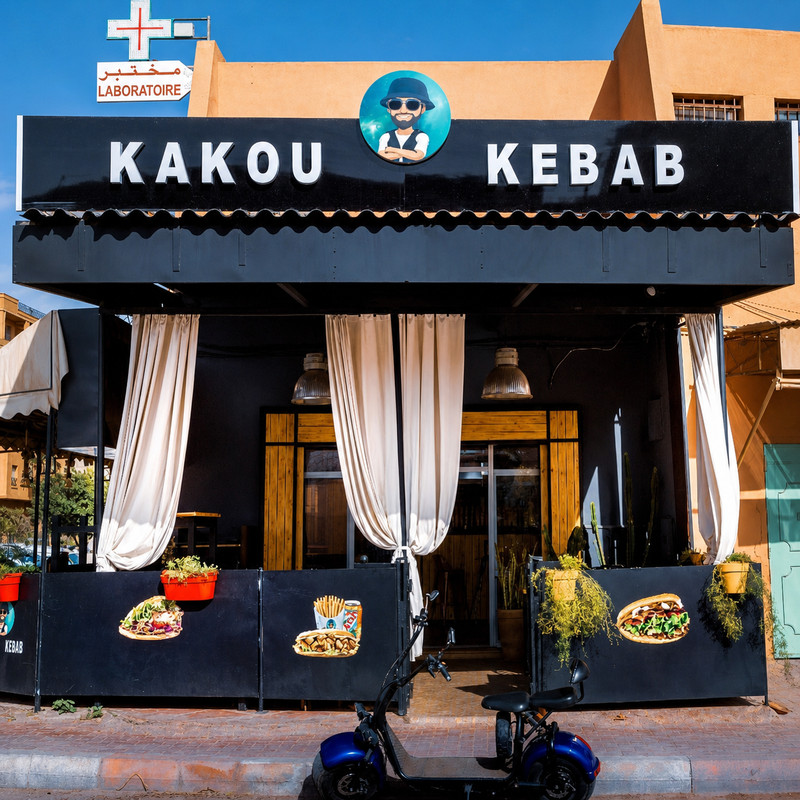 Devanture noire de Kakou Kebab au Centre Annakhil, rideaux blancs et terrasse