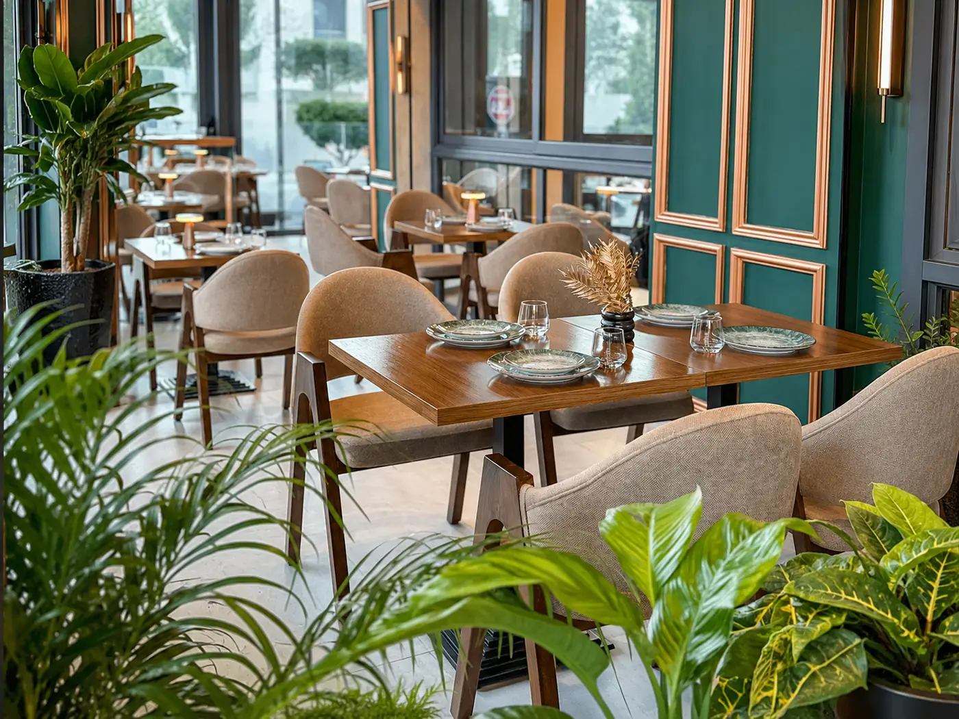 Salle de Kozy à Tanger : boiseries vert sapin, fauteuils beiges et plantes tropicales