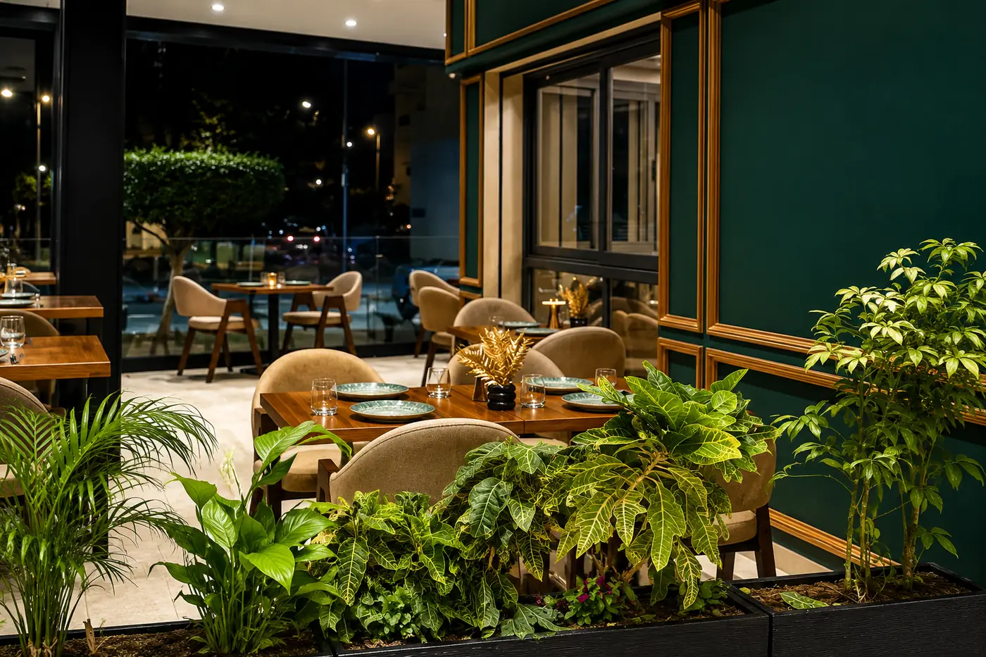 Tables dressées et massif de plantes dans la salle de Kozy le soir