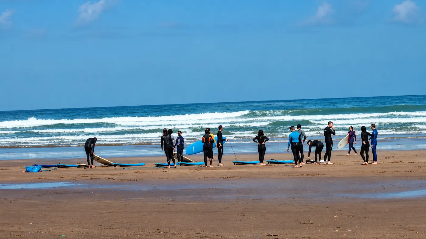 Groupe d'élèves en combinaison au bord de l'eau avec Casablanca Surf Coaching