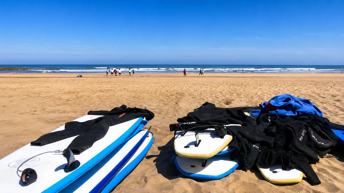 Planches en mousse et combinaisons posées sur le sable, Casablanca Surf Coaching