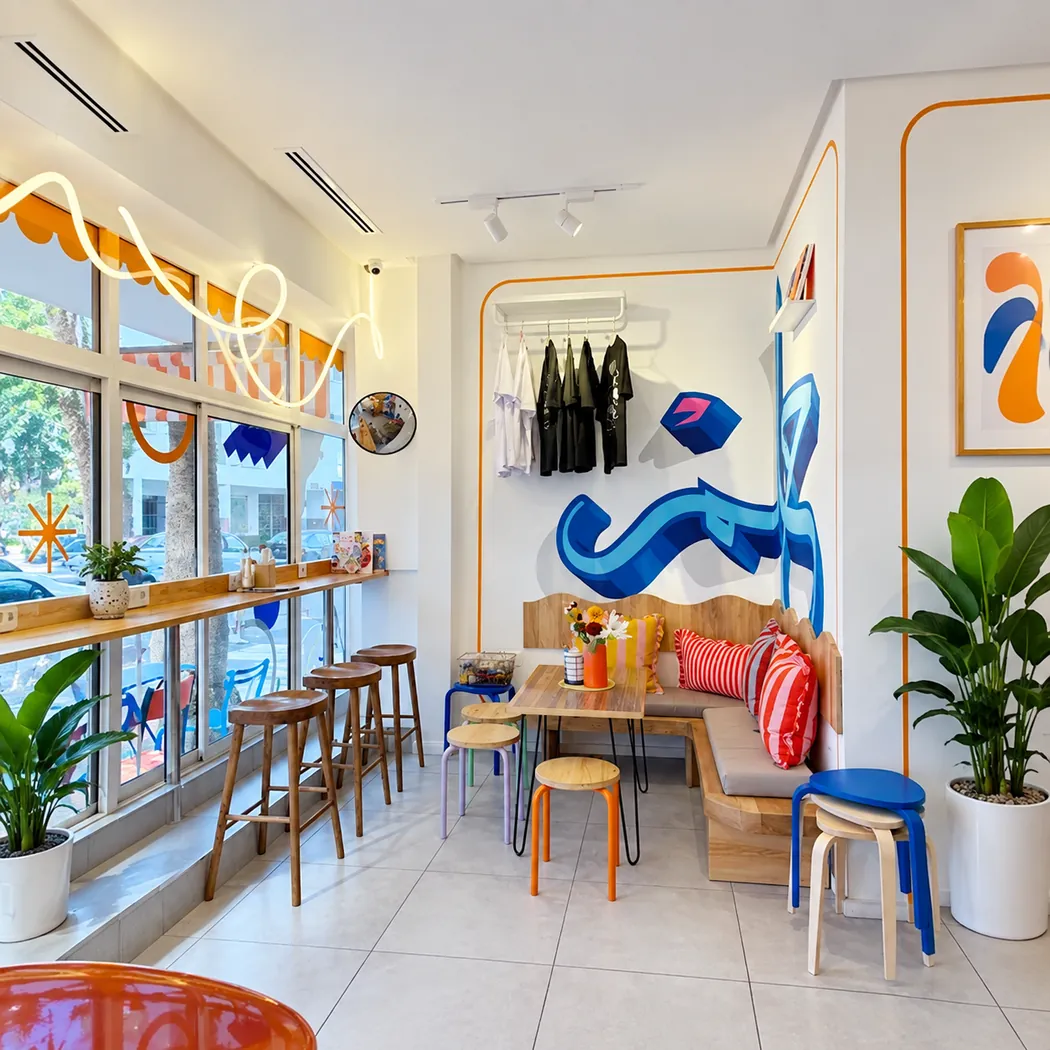 Intérieur blanc et orange du Boho Café, banquette, tabourets et fresque bleue