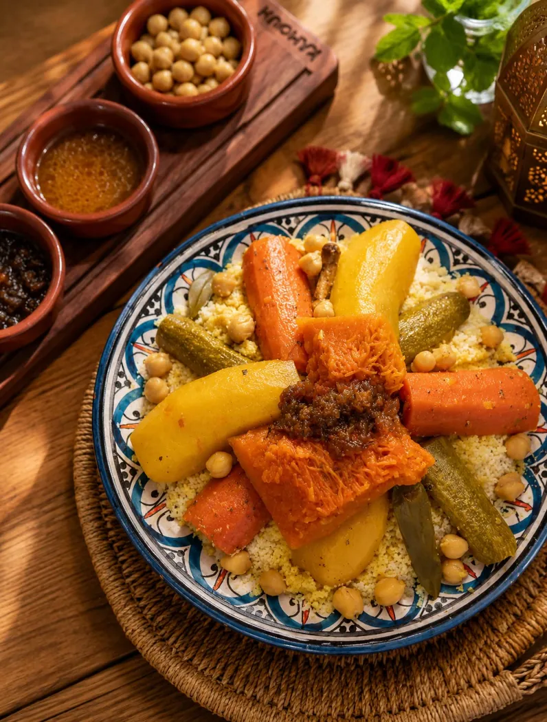 Couscous aux légumes de Kamoun à Casablanca, servi dans un plat en céramique avec pois chiches et bouillon