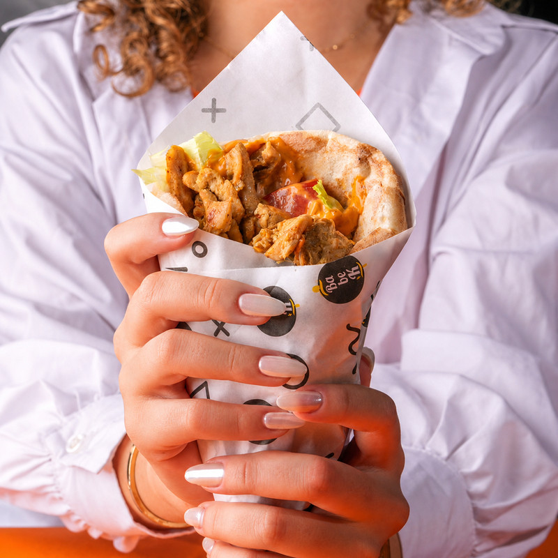 Nan kebab au poulet et crudités tenu en main, visuel de marque Babek