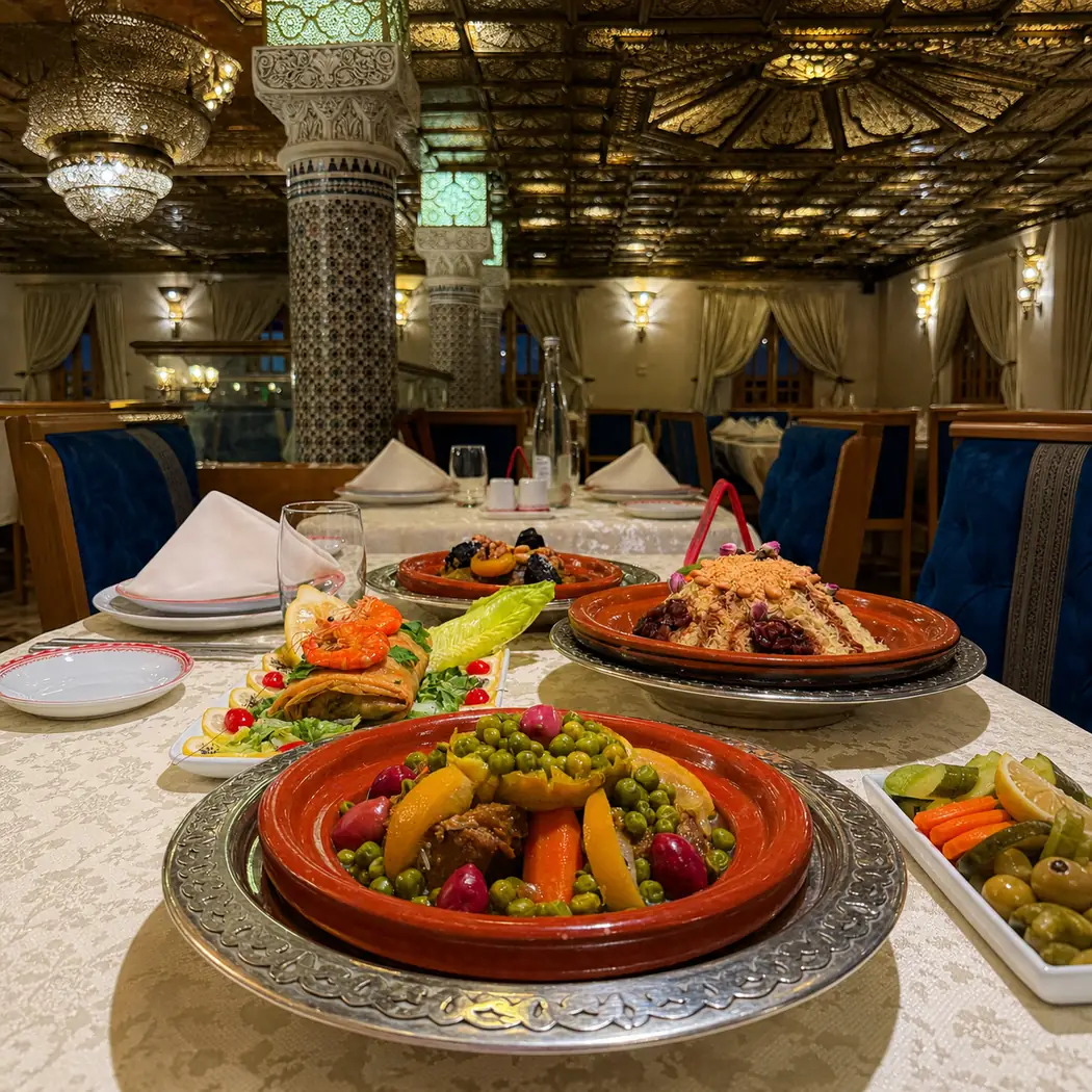 Couscous aux légumes au premier plan, tajines et salades sur une table de Dar El Kaid à Casablanca