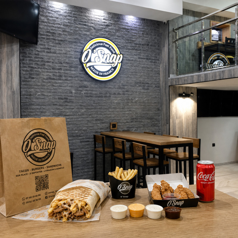 Tacos coupé, frites, tenders et sauces sur une table en bois chez O'Snap Tacos