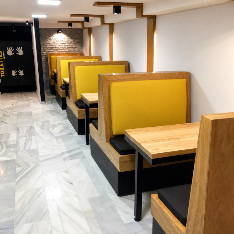 Salle d'O'Snap Tacos avec banquettes jaunes et tables en bois
