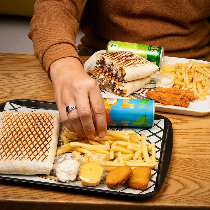 Tacos grillé, frites, nuggets et boissons sur un plateau chez O'Snap Tacos