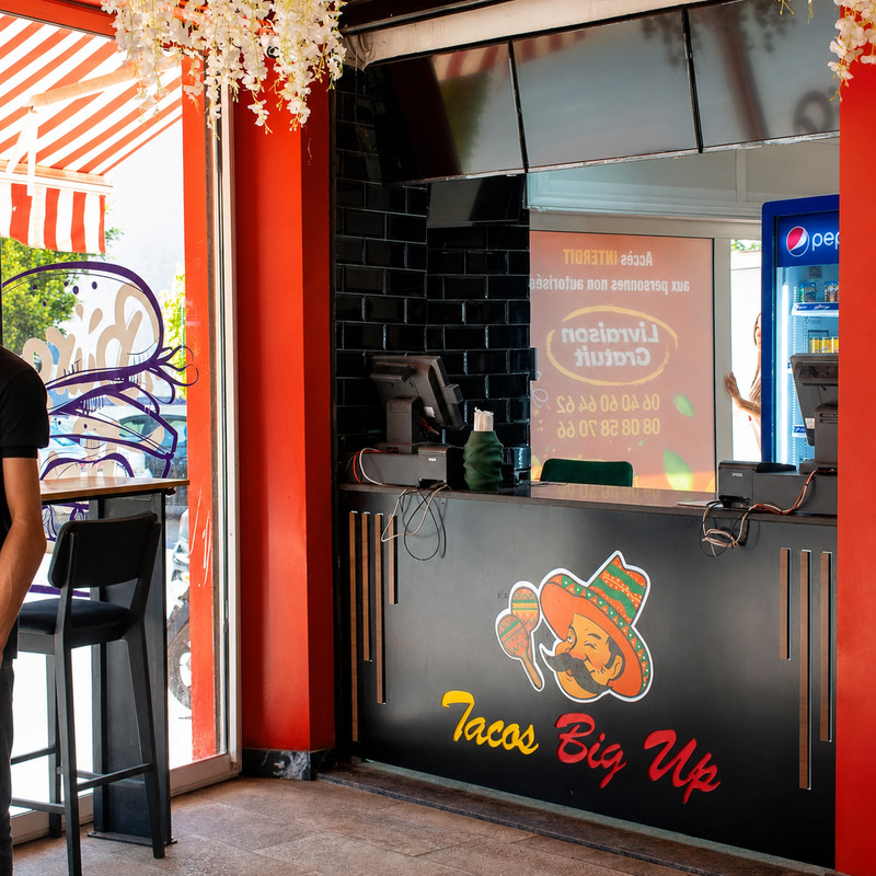 Comptoir de Tacos Big Up avec son logo au sombrero