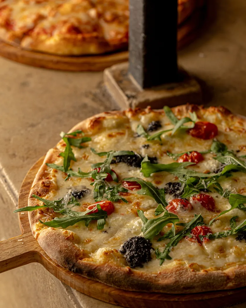 Finzi à Rabat : pizza blanche garnie de roquette, tomates cerises et olives noires, sur planche en bois