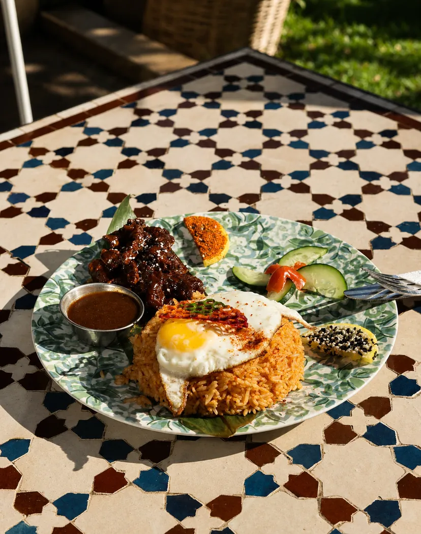 Assiette de riz sauté, œuf au plat et viande laquée sur table en zellige, chez Bonsaï Marrakech