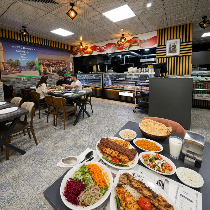 Salle d'ERC Izmir avec vitrine réfrigérée et table servie de kebabs et salades