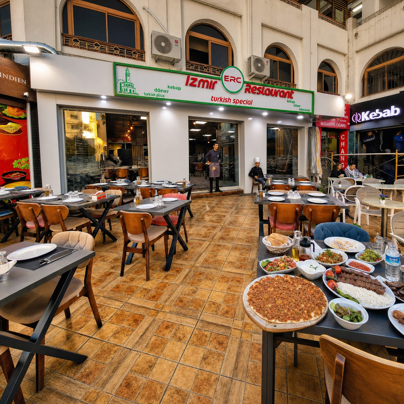 Devanture d'ERC Izmir Restaurant et tables dressées avec lahmacun et mezzés