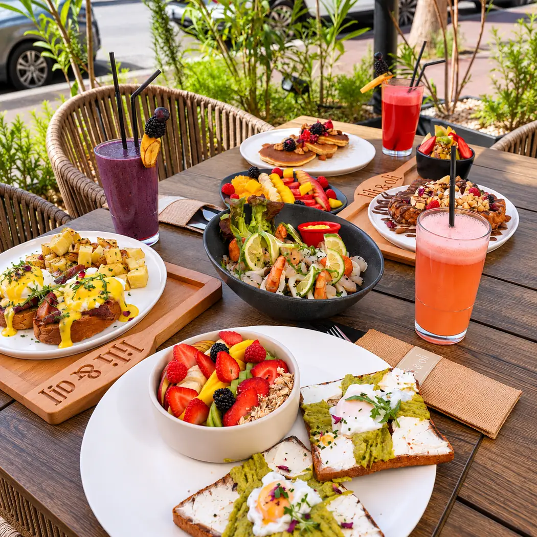 Table de brunch en terrasse chez Lili & Oli : tartines, bowl de fruits, salade et jus frais